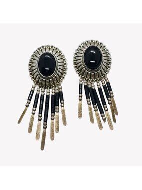 Southwest Navajo Sterling Silver Black Onyx Concho Dangle Earrings - READ